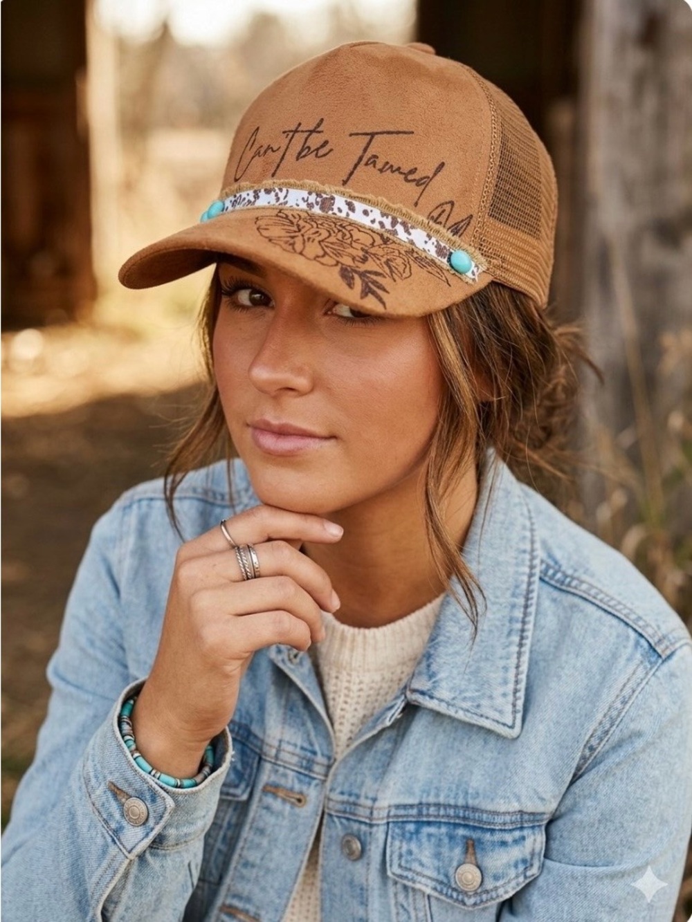 Burned design, faux suede, Women’s Tan Trucker Cap with Turquoise Accents